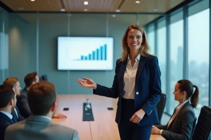 Femme professionnelle faisant une présentation en salle de réunion moderne devant un public attentif