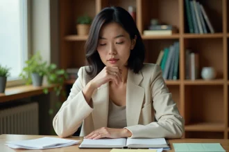 Femme réfléchissant à une prise de décision importante à son bureau, entourée de notes manuscrites