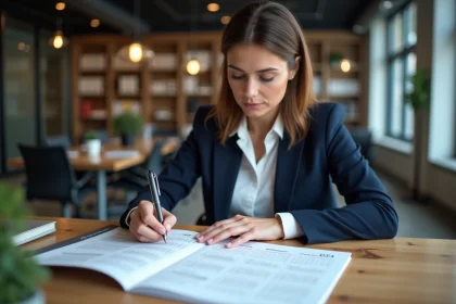 Femme professionnelle consultant un calendrier de sessions de certification BTP sur un bureau en bois dans un bureau moderne
