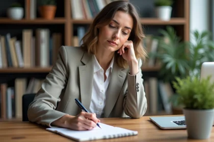 Femme réfléchissant à sa reconversion professionnelle devant un bureau avec un carnet de notes