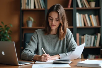 Femme en reconversion professionnelle prenant des notes devant un ordinateur portable avec des cours en ligne à son bureau à domicile