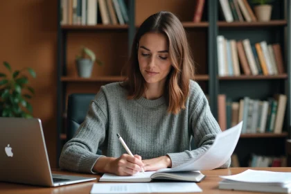 Femme en reconversion professionnelle prenant des notes devant un ordinateur portable avec des cours en ligne à son bureau à domicile