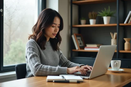 Femme travaillant à distance sur un ordinateur portable dans un bureau à domicile confortable et organisé
