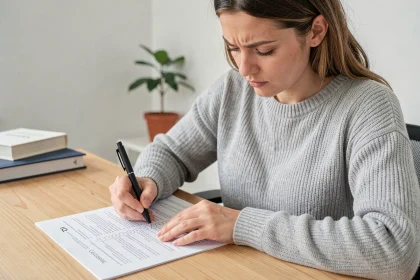 Femme concentrée remplissant un test de QI imprimé à son bureau à domicile