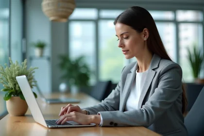 Une femme utilisant un système de gestion de l'apprentissage sur un ordinateur portable dans un bureau moderne