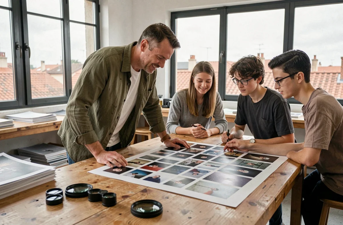 Formateur en photographie guidant des étudiants en alternance autour d'une table de travail dans une école de Toulouse
