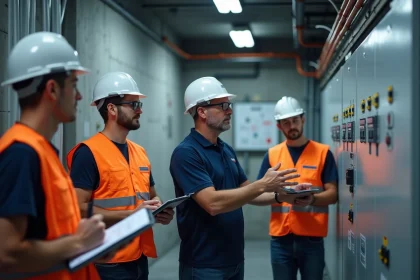 Formateur CFA expliquant les notions d'habilitation électrique devant un tableau de distribution à des apprentis en formation