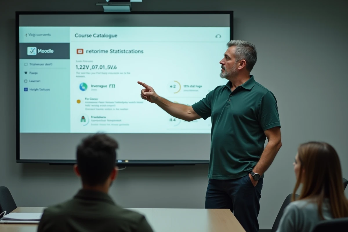 Formateur présentant l'interface Moodle lors d'une session de formation en entreprise