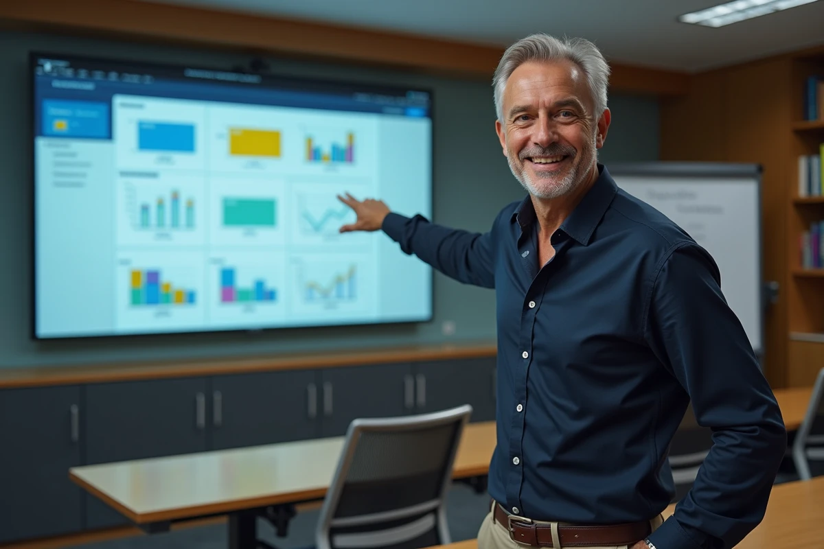 Un formateur présentant un tableau de bord de gestion de l'apprentissage sur grand écran dans une salle de formation universitaire
