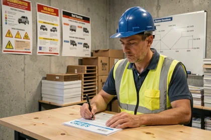 Opérateur logistique étudiant les prérequis pour passer le CACES 1 et 3 dans un centre de formation industriel