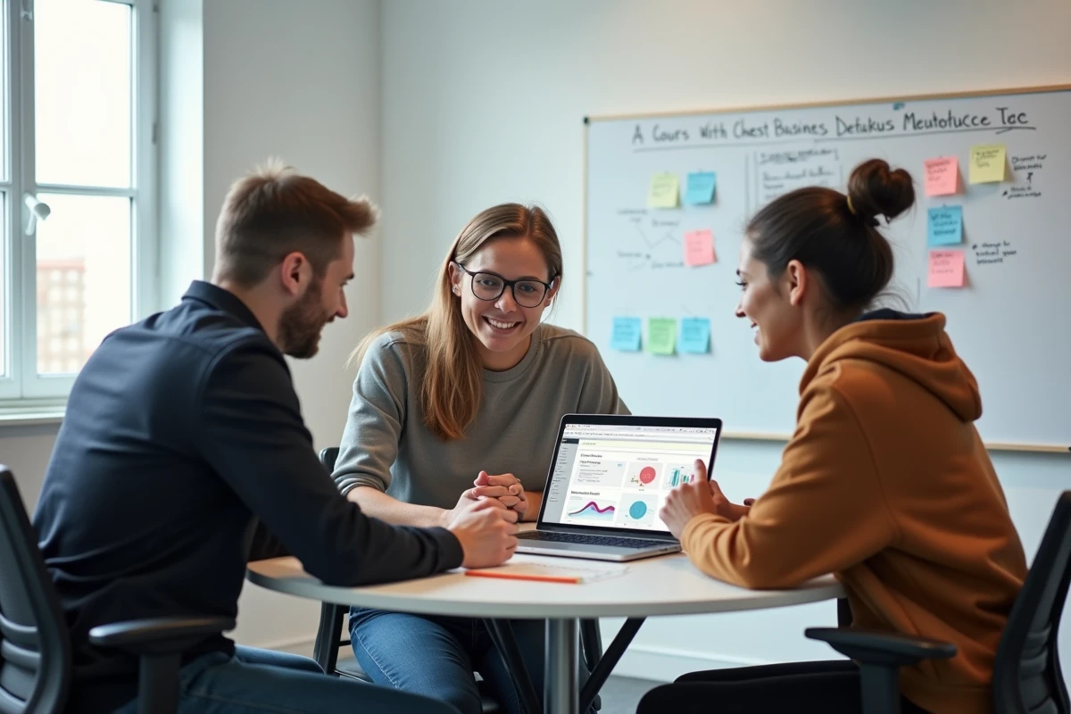 Groupe de professionnels parisiens participant à une formation digitale en salle avant de créer leur business en ligne