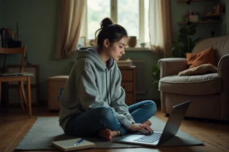 Jeune femme apprenant gratuitement en ligne sur un ordinateur portable dans un appartement modeste