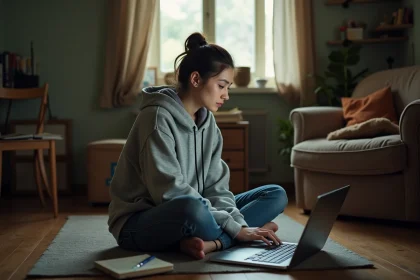 Jeune femme apprenant gratuitement en ligne sur un ordinateur portable dans un appartement modeste