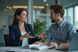 Responsable RH discutant d'une formation obligatoire avec un employé dans un bureau d'entreprise moderne