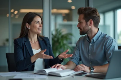 Responsable RH discutant d'une formation obligatoire avec un employé dans un bureau d'entreprise moderne