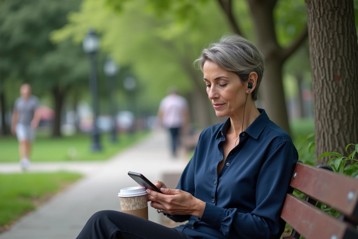Femme se formant gratuitement via une application mobile dans un parc urbain