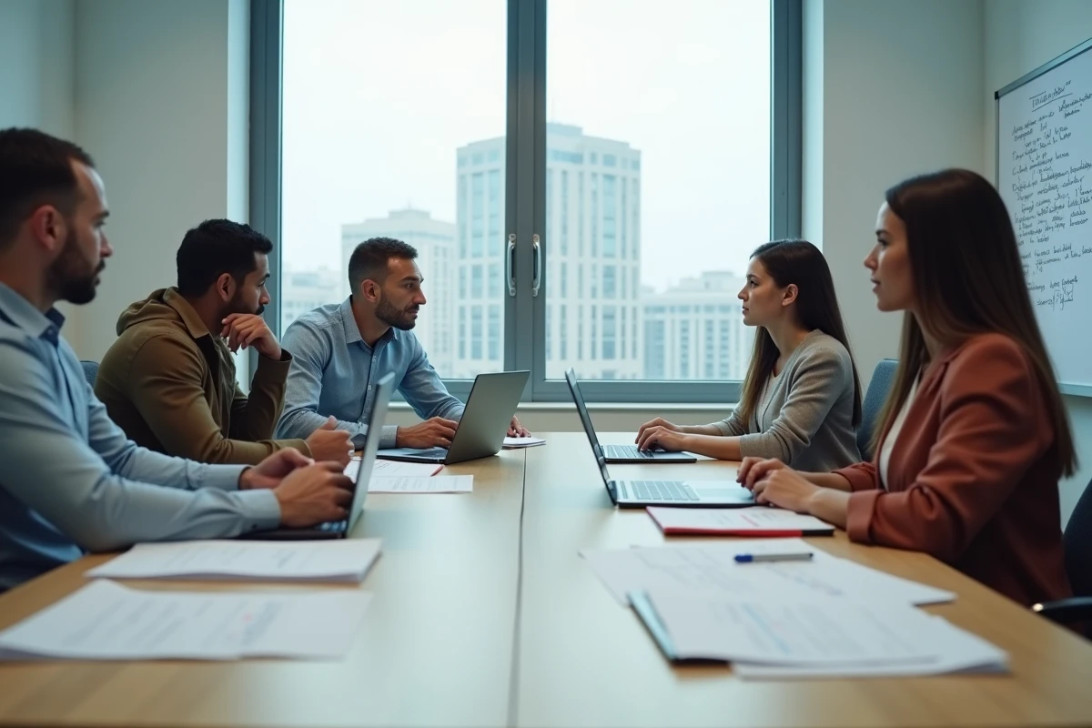 Groupe de salariés en session de formation obligatoire en salle de réunion d'entreprise