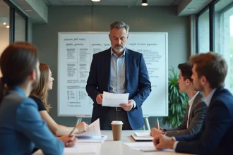 Responsable RH présentant un plan de formation professionnelle continue à ses collègues en salle de réunion d'entreprise