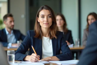Une employée en formation professionnelle prenant des notes lors d'un atelier en entreprise pour développer ses compétences