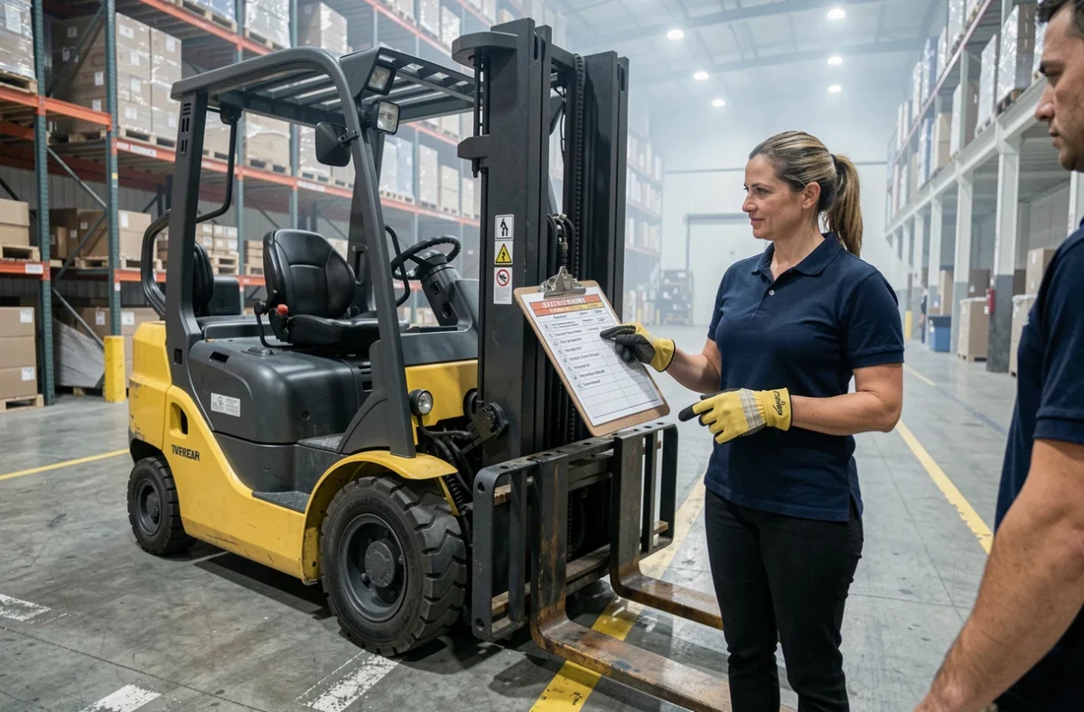Formatrice CACES expliquant les consignes de sécurité sur un chariot élévateur en entrepôt logistique
