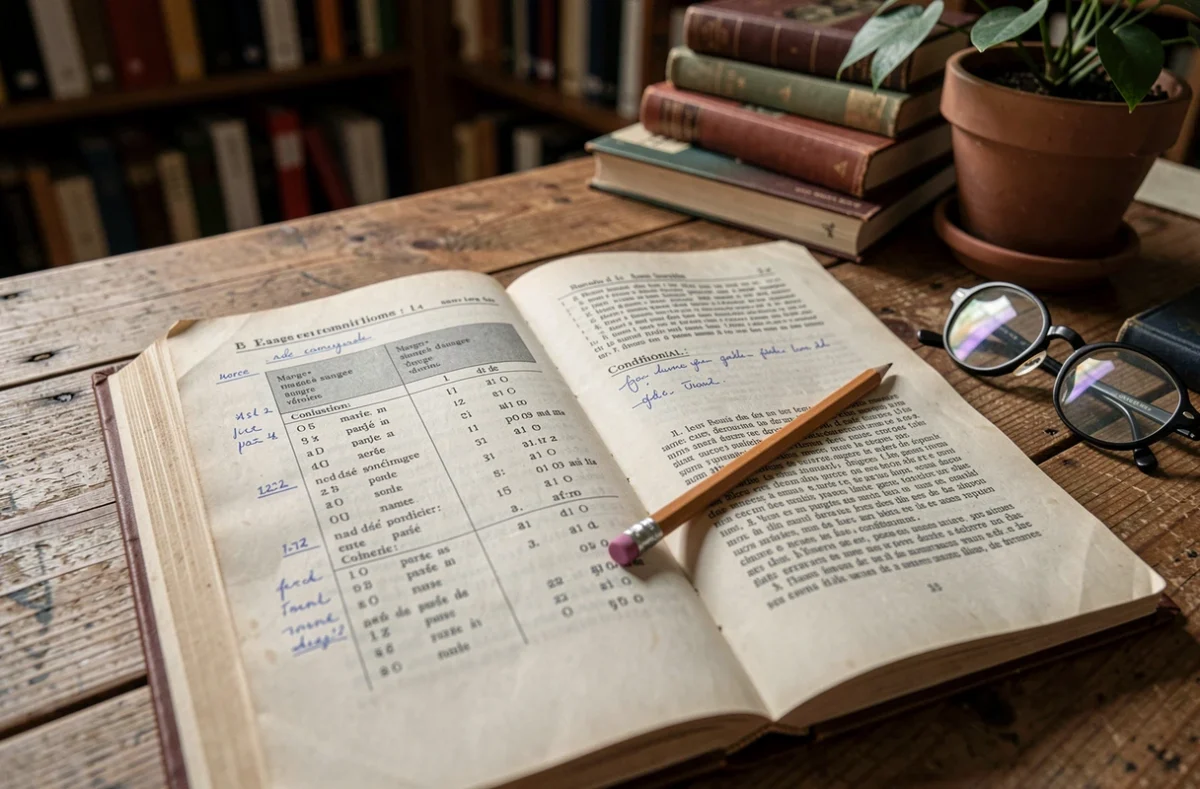 Gros plan sur un manuel de grammaire française ouvert sur la conjugaison du verbe manger au passé simple