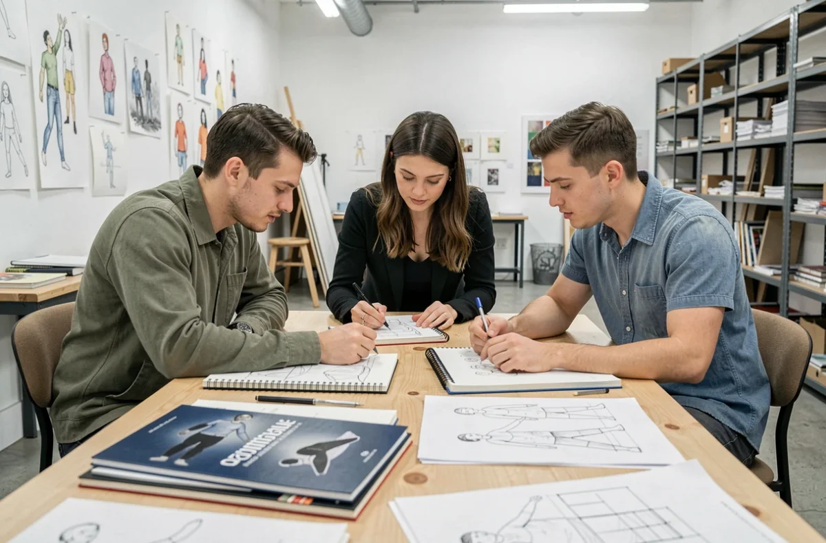 Groupe d'étudiants en design révisant des portfolios et projets pour le concours d'entrée à l'ENSAMAA