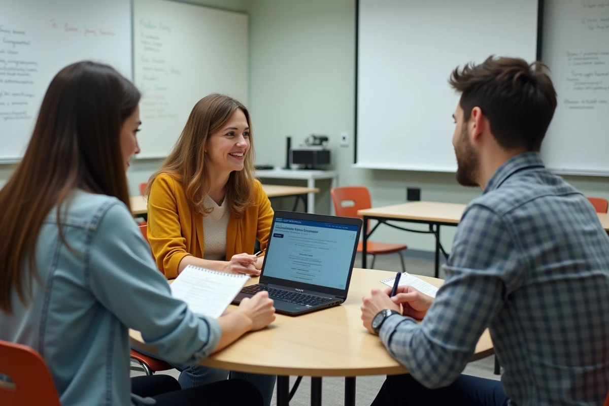 Groupe d'adultes en formation professionnelle explorant les aides financières disponibles pour leur reconversion
