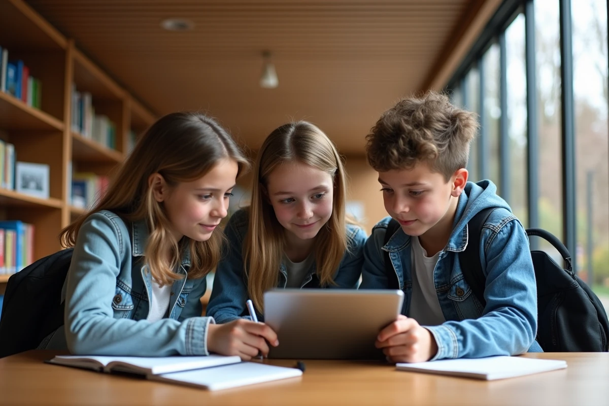 Groupe de lycéens travaillant ensemble sur une tablette numérique dans une médiathèque scolaire en Charente