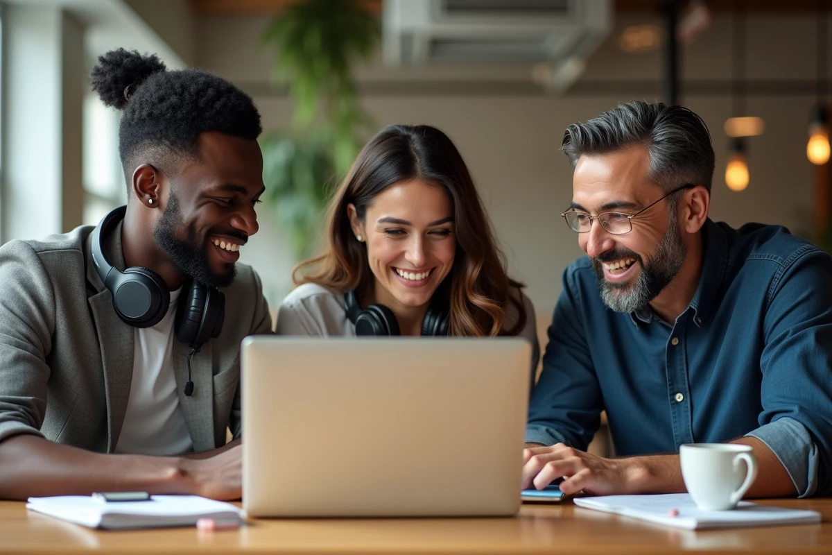 Groupe de salariés en formation e-learning collaboratif dans un espace de coworking pour développer leurs compétences professionnelles