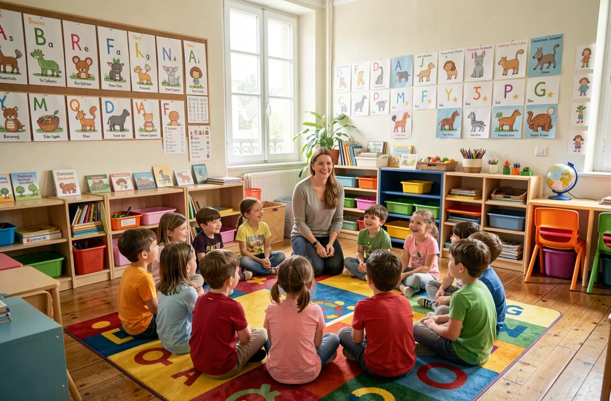 Enseignante Helen Doron English Bordeaux animant un cours d'anglais pour enfants dans une salle colorée et accueillante