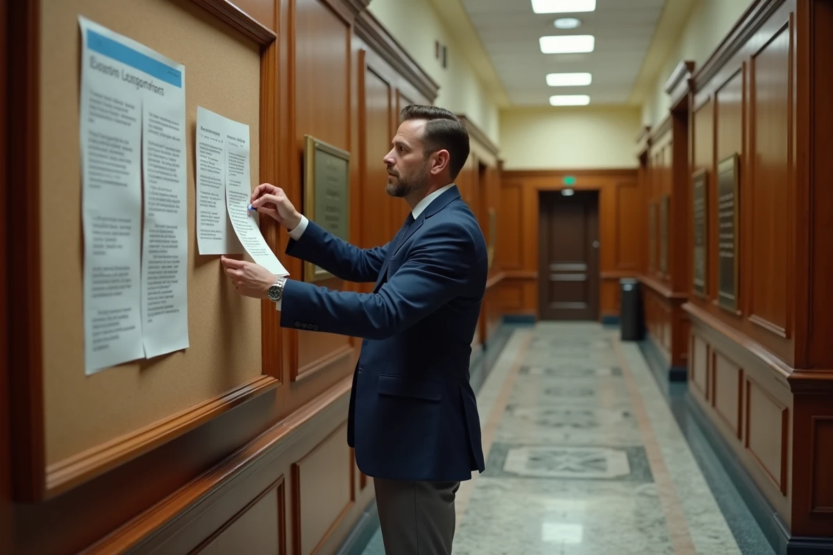 Homme affichant une circulaire officielle sur un tableau d'annonces dans un couloir administratif gouvernemental