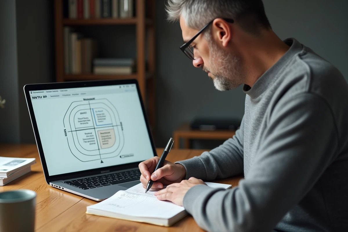 Un homme réalise une analyse SWOT seul dans son bureau à domicile avec un carnet et un ordinateur portable