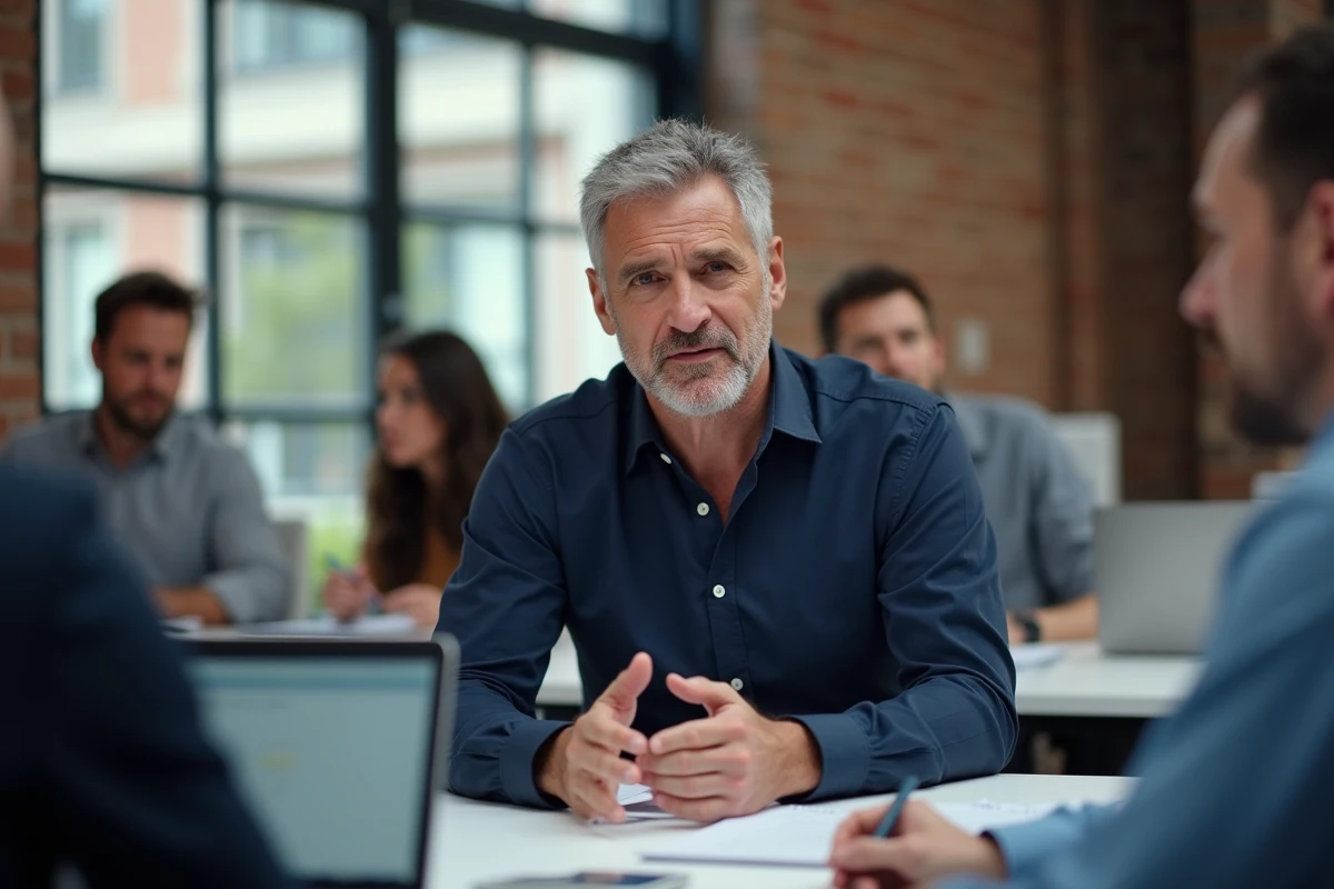 Homme en reconversion professionnelle participant à un atelier de formation collective dans un espace de coworking moderne