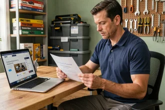 Homme consultant un certificat de formation bricolage à son bureau avec un ordinateur portable affichant une plateforme e-learning