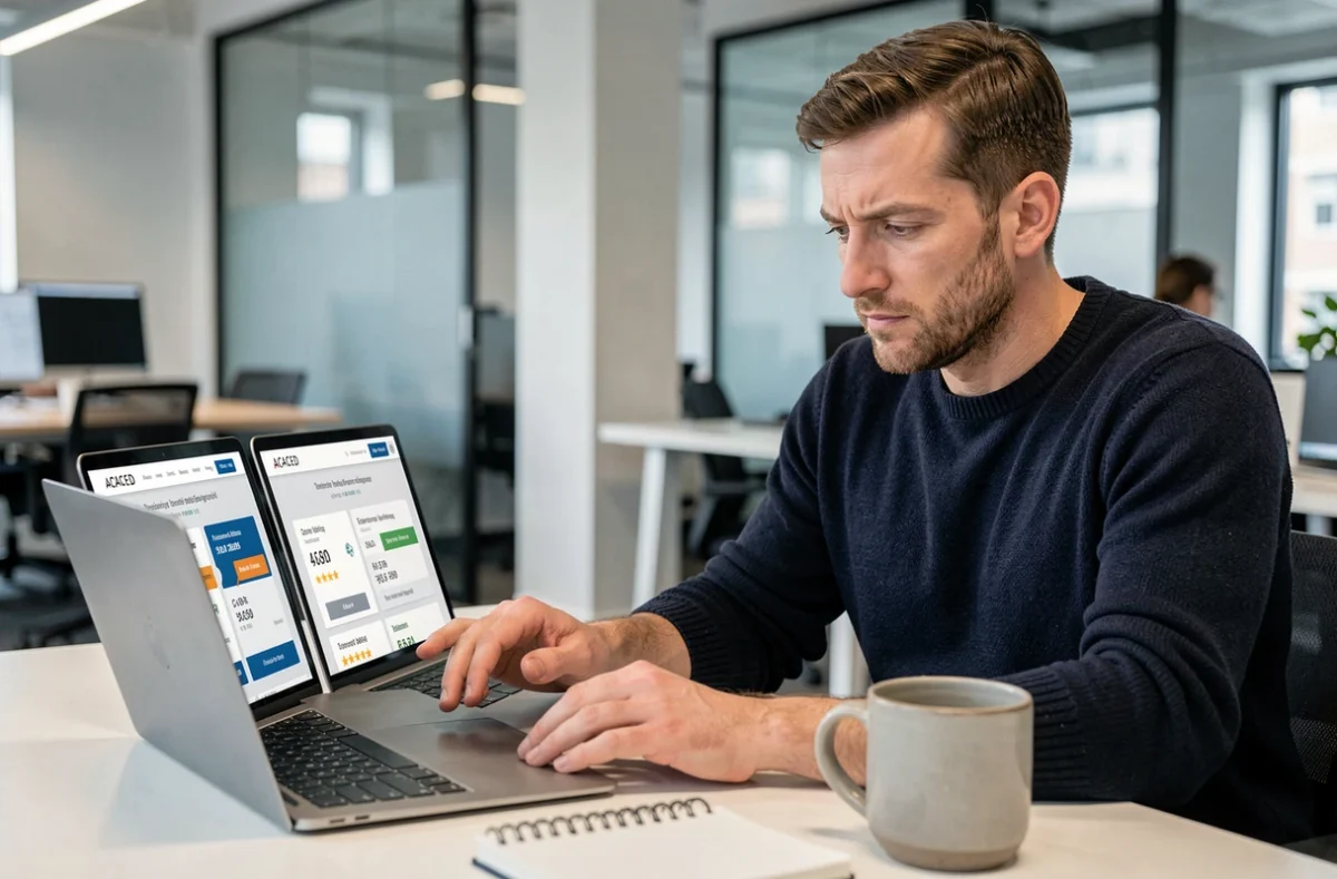 Homme comparant des formations ACACED en ligne sur deux écrans dans un espace de coworking moderne