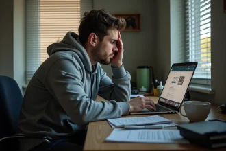 Homme démotivé assis devant un ordinateur portable lors d'une recherche d'emploi à domicile