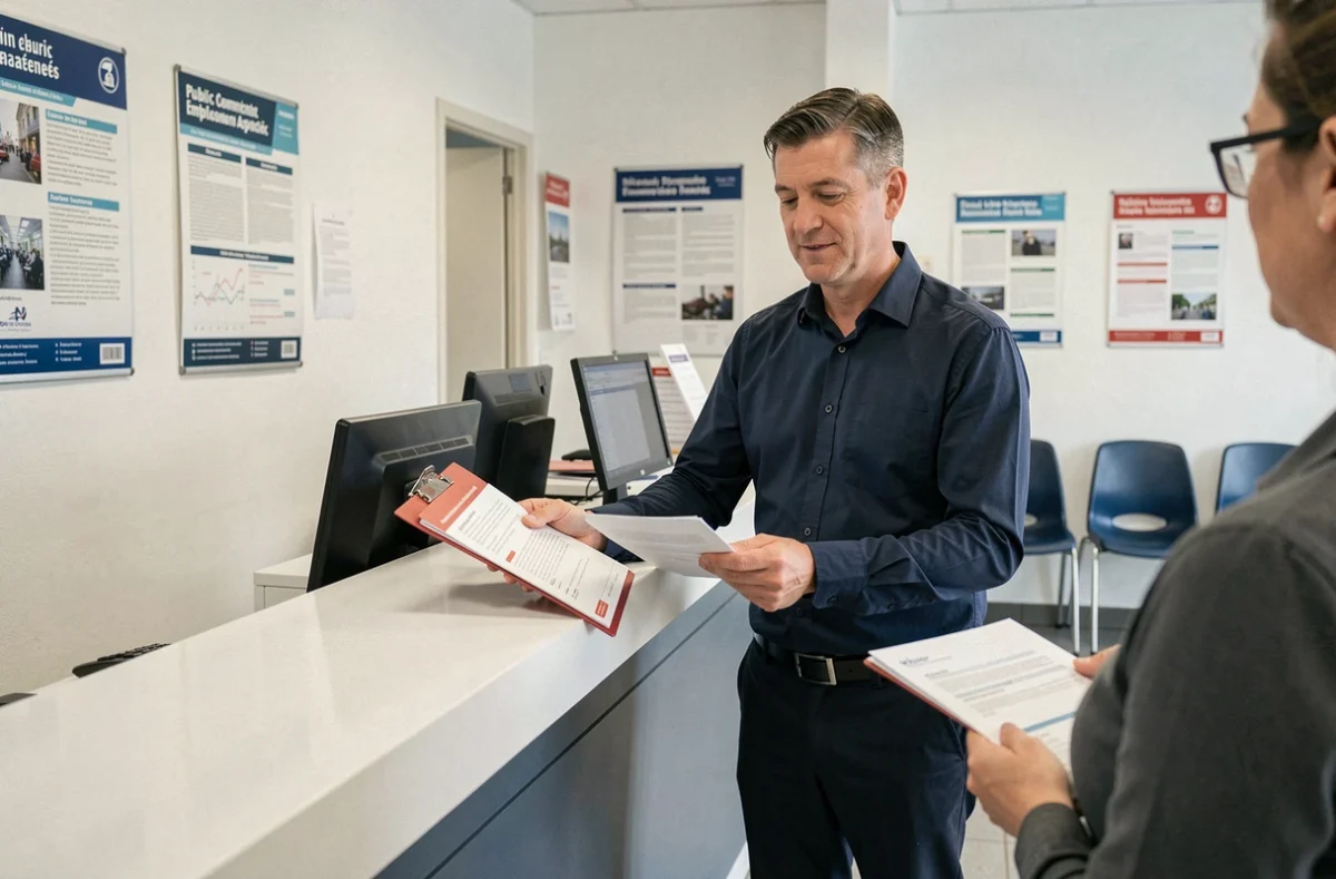 Homme déposant son dossier de fin de CDD au guichet de Pôle emploi