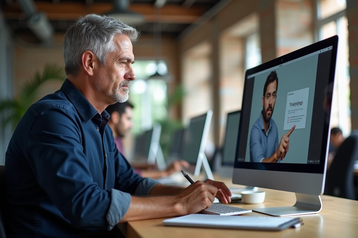 Homme d'une quarantaine d'années suivant une formation en ligne dans un espace de coworking professionnel