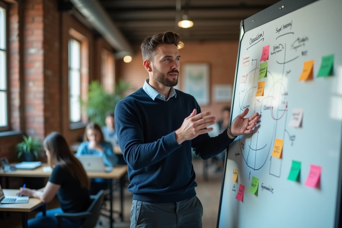Homme planifiant sa réorientation de carrière devant un tableau blanc dans un espace de coworking