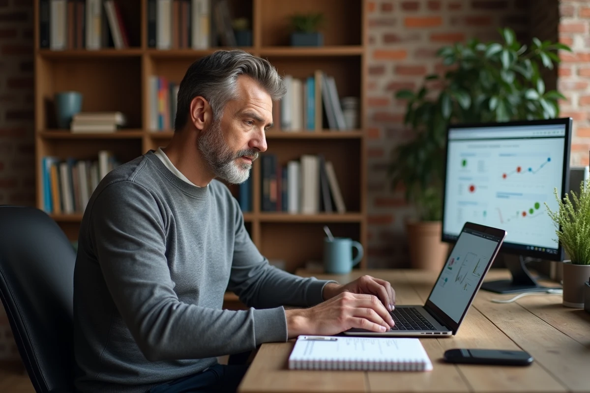 Homme en télétravail préparant une présentation professionnelle sur ordinateur portable dans un bureau à domicile