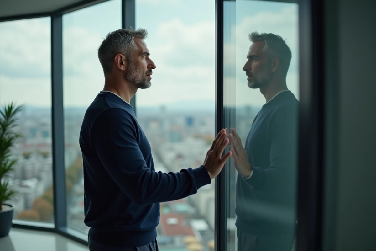 Homme en pleine réflexion face à une fenêtre dans un bureau moderne, symbolisant une décision importante