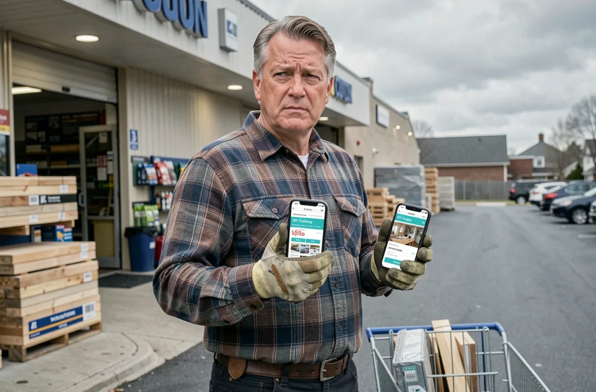 Homme devant un magasin de bricolage consultant les prix d'une formation certifiante sur son smartphone