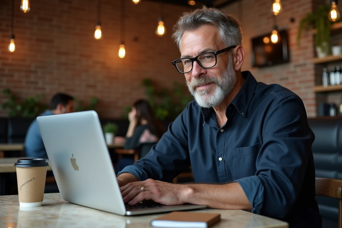Homme en télétravail dans un café avec un ordinateur portable, illustrant le travail à distance nomade
