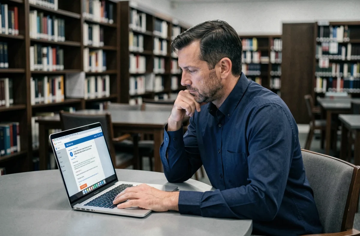 Homme réfléchissant devant un test de QI en ligne dans une bibliothèque