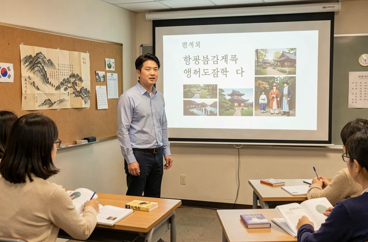 Professeur de l'Institut Coréen de Bordeaux enseignant le Hangul à des étudiants adultes dans une salle culturellement décorée