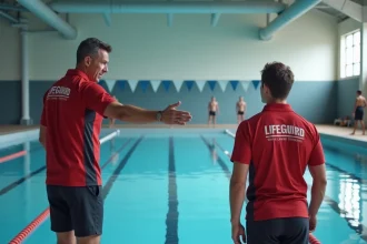 Instructeur CQP ALS démontrant une technique de sauvetage à des stagiaires au bord d'un bassin de natation intérieur