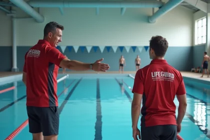 Instructeur CQP ALS démontrant une technique de sauvetage à des stagiaires au bord d'un bassin de natation intérieur