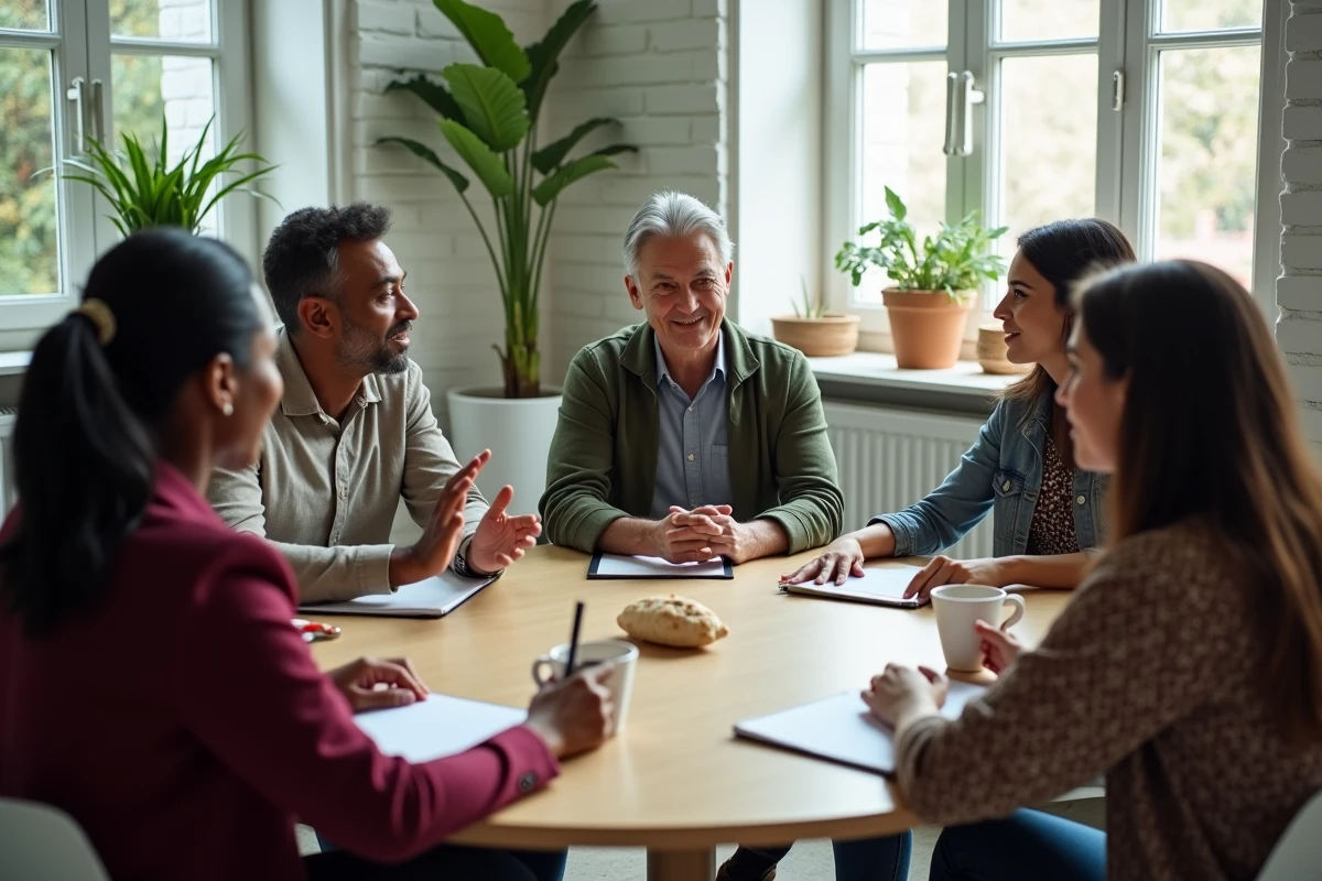 Un groupe de cinq professionnels aux profils variés débat autour d'une table circulaire dans un espace collaboratif, illustrant l'intégration active de la diversité dans les décisions de groupe