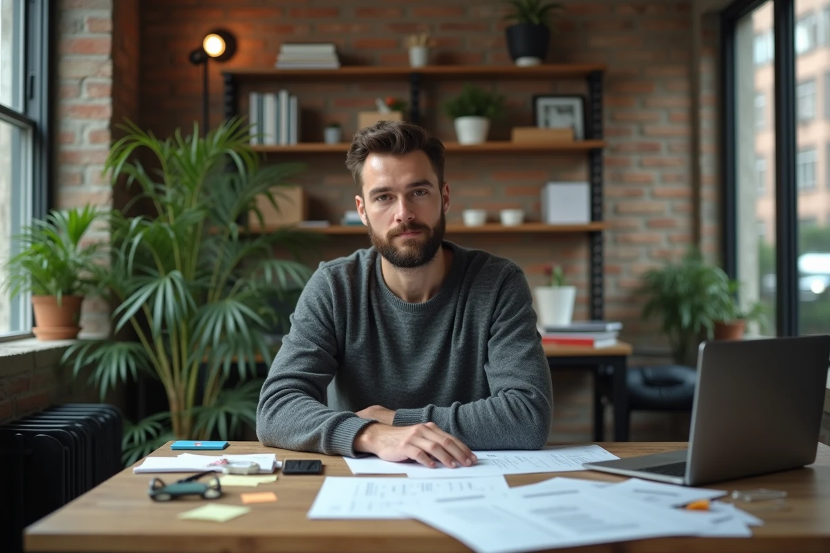 Jeune entrepreneur diplômé travaillant sur son projet dans un espace de coworking avec son diplôme visible