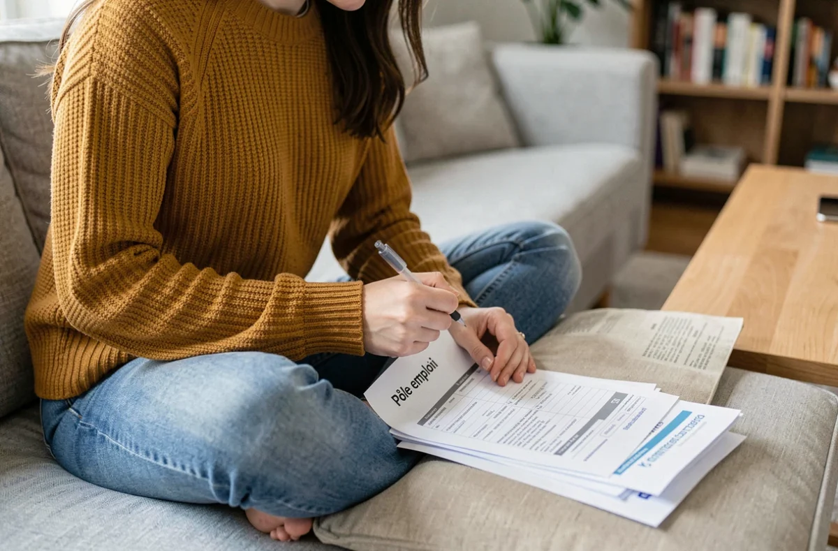 Jeune femme remplissant son dossier d'inscription Pôle emploi après une fin de CDD à domicile